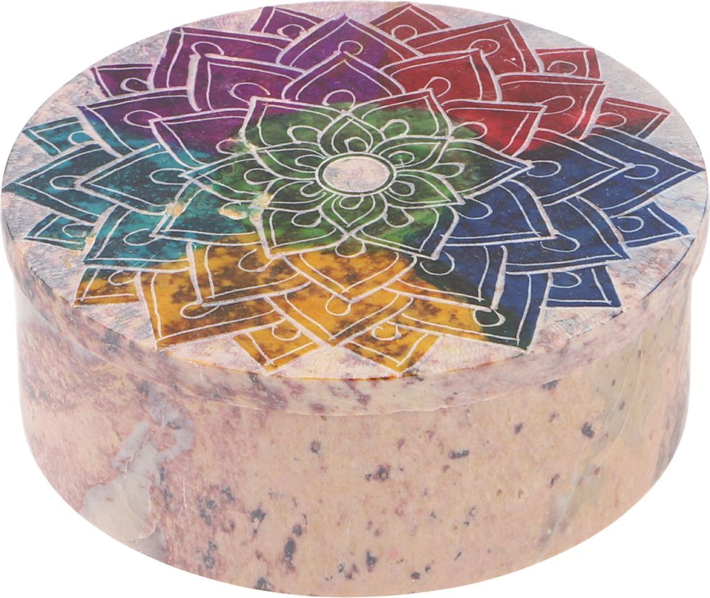 Große Dose aus Speckstein, Schmuckdöschen Ø 9 cm - Sonnenmandala, Mehrfarbig, Dosen, Boxen & Schatullen