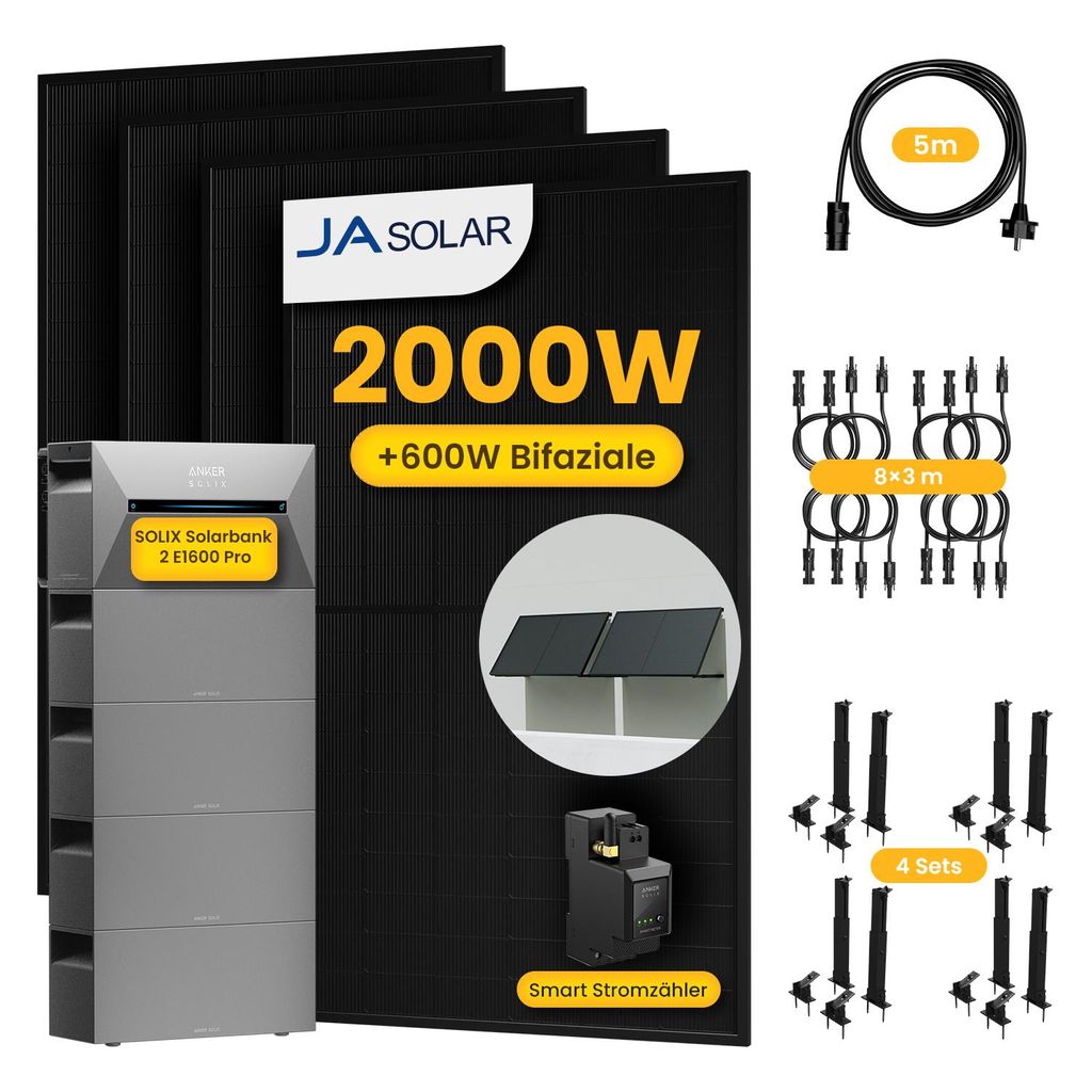 Powerness Balkonkraftwerk mit Speicher,Anker Solarbank 2 E1600 Pro mit 4x BP1600 Erweiterungsakku und 4x 500W JASolar Module & 4x Flachdach-Halterung