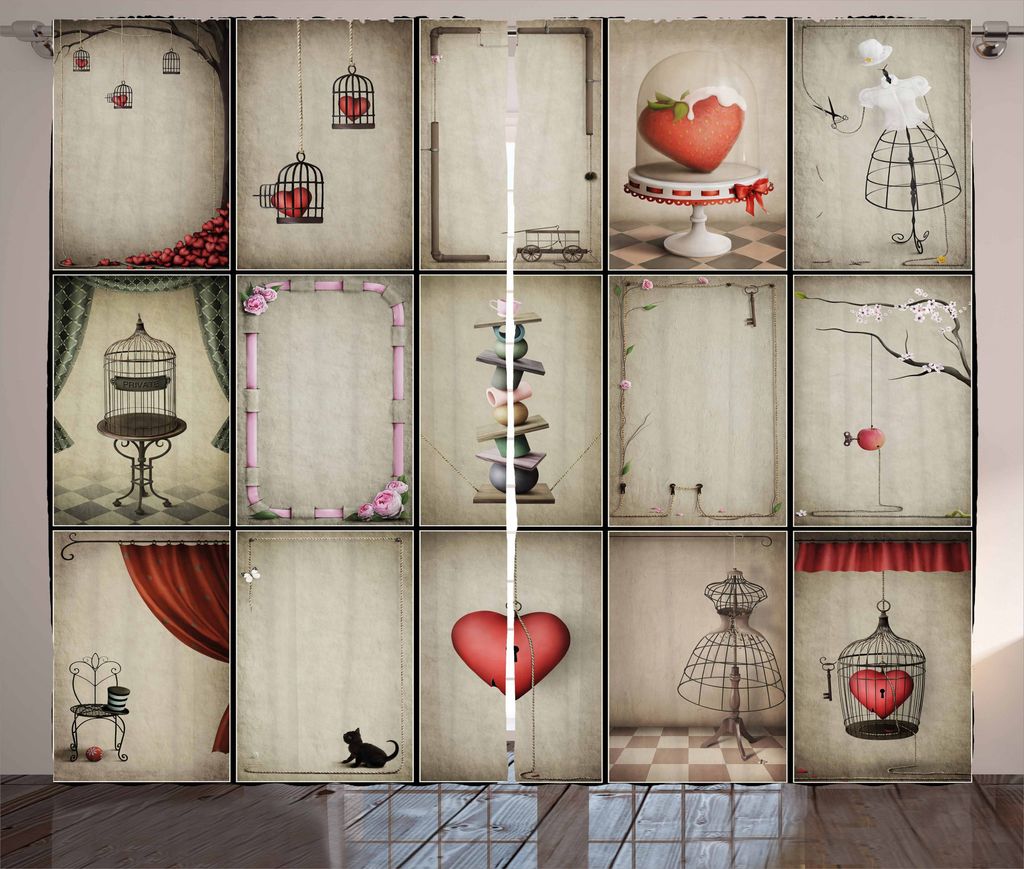 ABAKUHAUS Jahrgang Rustikaler Gardine, Hearts in Captivity, Schlafzimmer Kräuselband Vorhang mit Schlaufen und Haken, 280 x 175 cm, Tan Vermilion ...