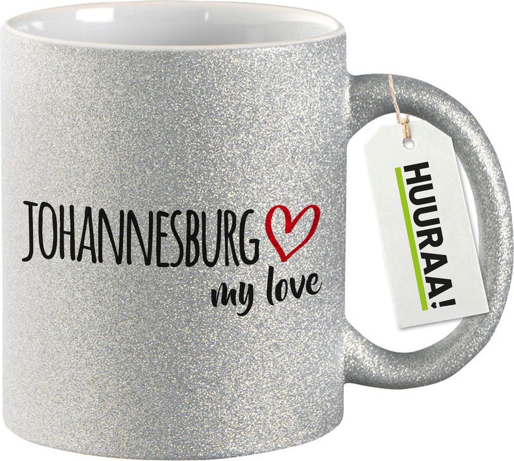 Huuraa Glitzertasse Johannesburg my love 330ml Silber Keramik Kaffeebecher Geschenkidee