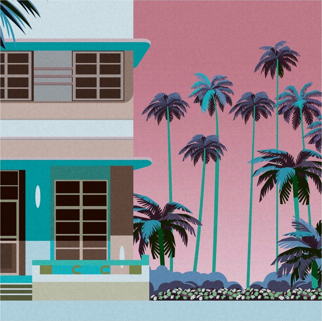 Fototapete Florida M1-No.11774 | Vliestapete Palmen | Blau | Pink | Gebäude | Wohnzimmer | Küche