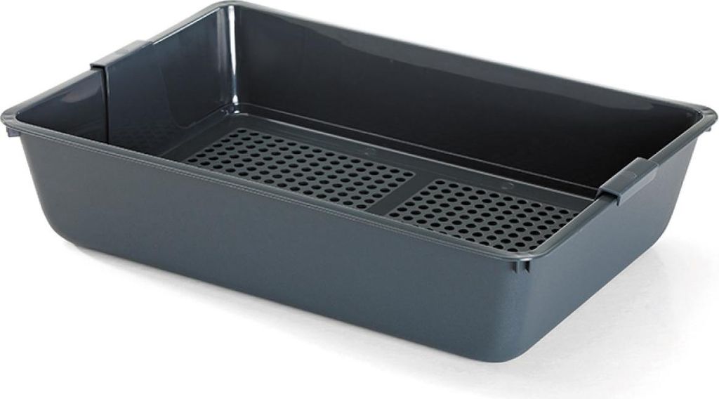 A dark gray litter box with a built-in sieve.