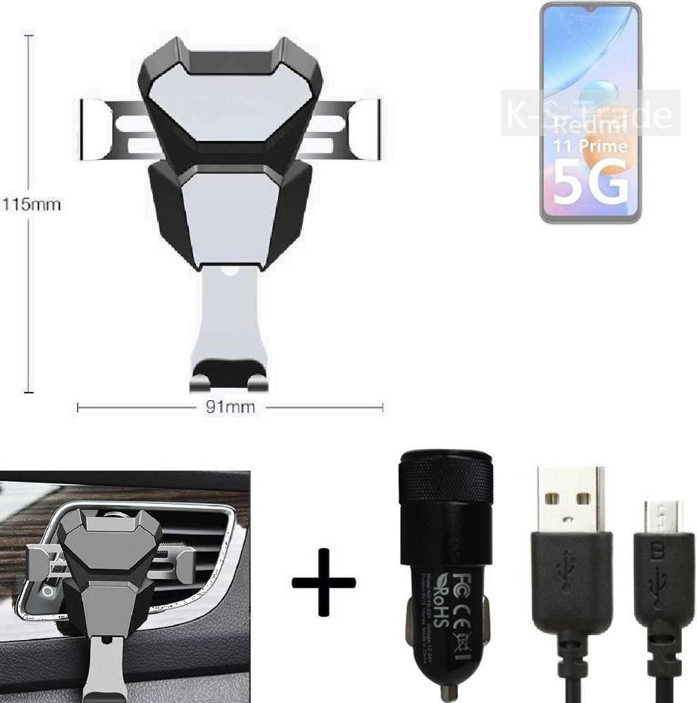 K-S-Trade KFZ Halterung kompatibel mit Xiaomi Redmi 11 Prime 5G Halterung Lüftungshalterung Lüftungsschlitz schwarz-silber Autohalterung Handy inkl.