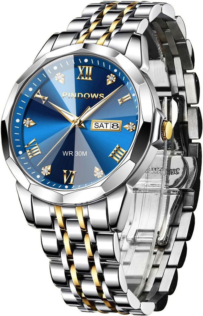 Watch für Herren, Quarz-Chronograph mit Datum, großes Zifferblatt, wasserdichte Business-Armbanduhr, Edelstahlarmband, Leuchtzeiger, Diamant-Akzente