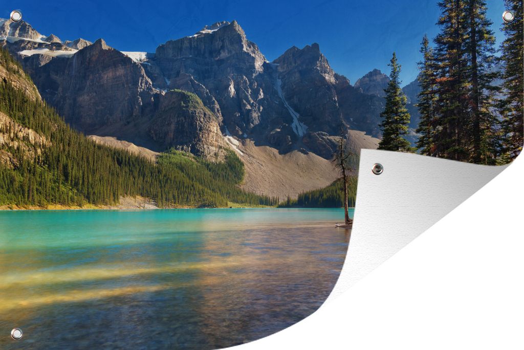 MuchoWow 90x60 cm Outdoor-Poster Gartendeko Sichtschutz Garten Poster für den Garten Kiefern und Berge bei Sonnenuntergang über dem Moraine La...