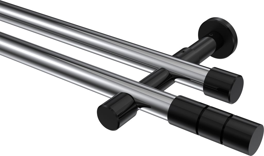 Interdeco Gardinenstange / Vorhangstange Chrom / Schwarz, Typ Prestige Elanto (Rillenzylinder) ohne Ringe, 20 mm Ø 2-läufig, 420 cm
