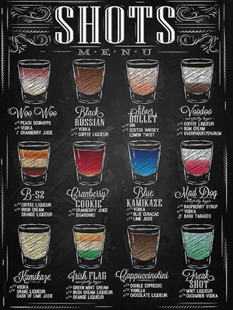 vianmo Holzschild 40x30 cm Alkohol Shots Menu Woo Black russian