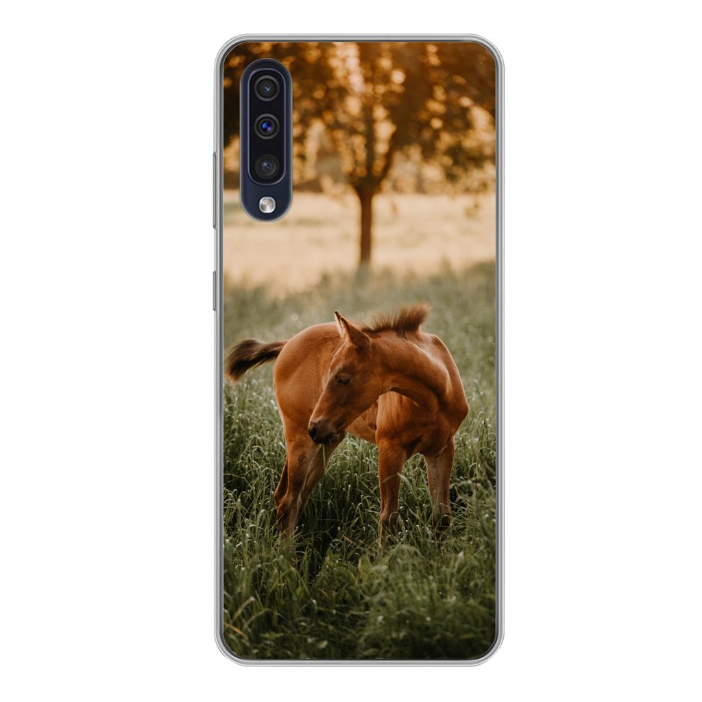 MuchoWow Handyhülle Schutzhülle Hülle für Samsung Galaxy A50 Pferd - Gras - Baum Silikon Softcase Handy Hülle - Mobiltelefonhülle