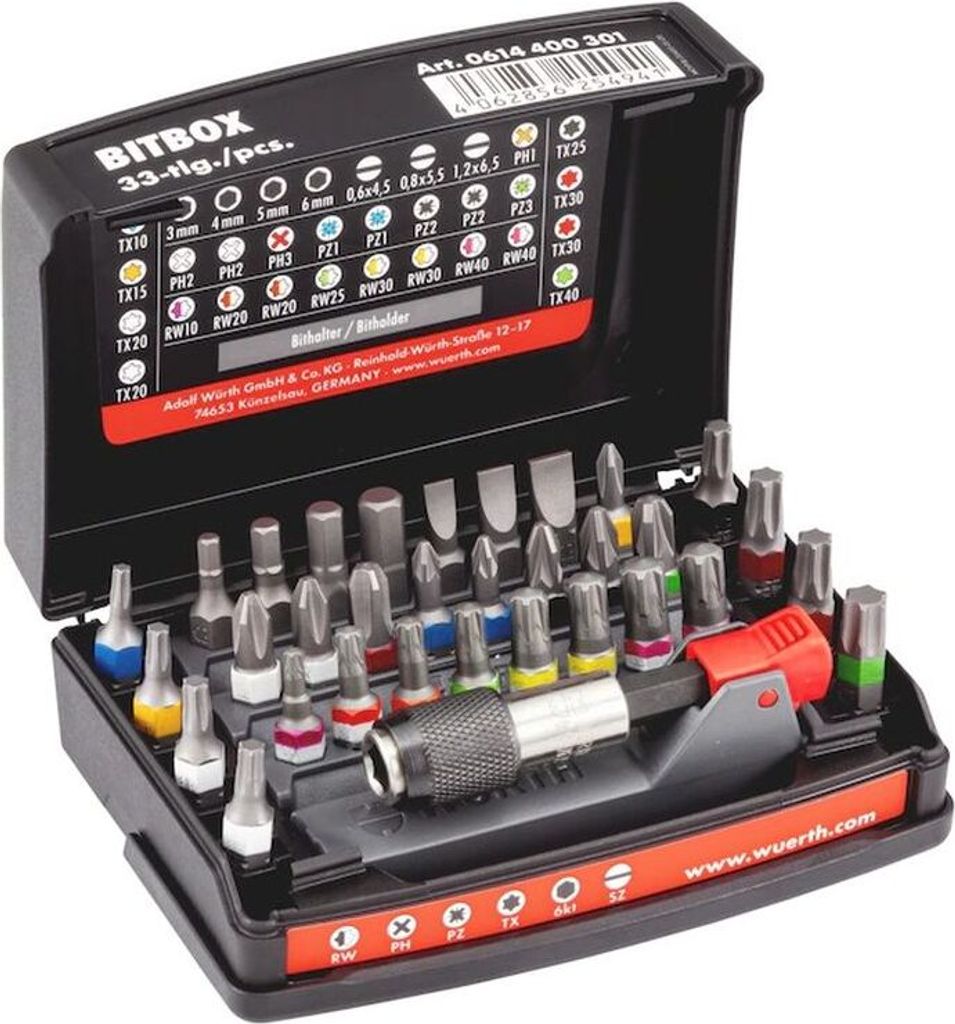 A black bit box with various bits and a magnetic bit holder displayed inside. The lid is open, showing a chart of the different bit types and sizes.