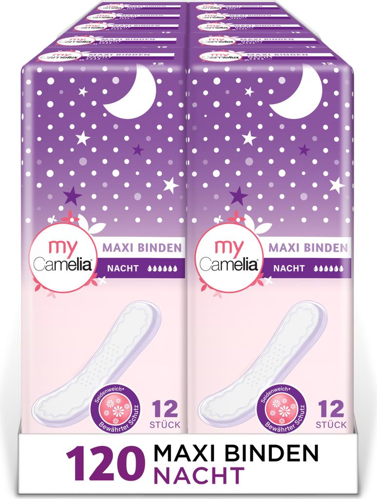 A product shot of two packages of Camelia Maxi Binden Nacht sanitary pads, displayed side-by-side.