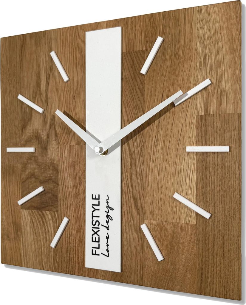 FLEXISTYLE Modern wanduhr ohne tickgeräusche modern wanduhren Holz Badezimmer Wohnzimmer Eiche (Weiß Eckig, 30cm)