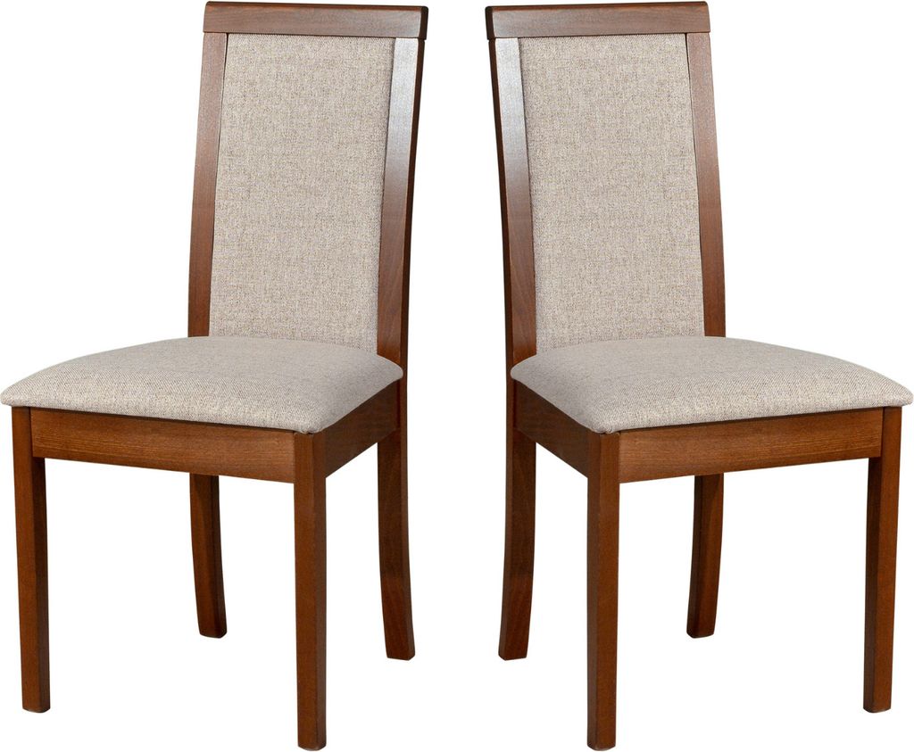 Two dining chairs are shown against a white background.