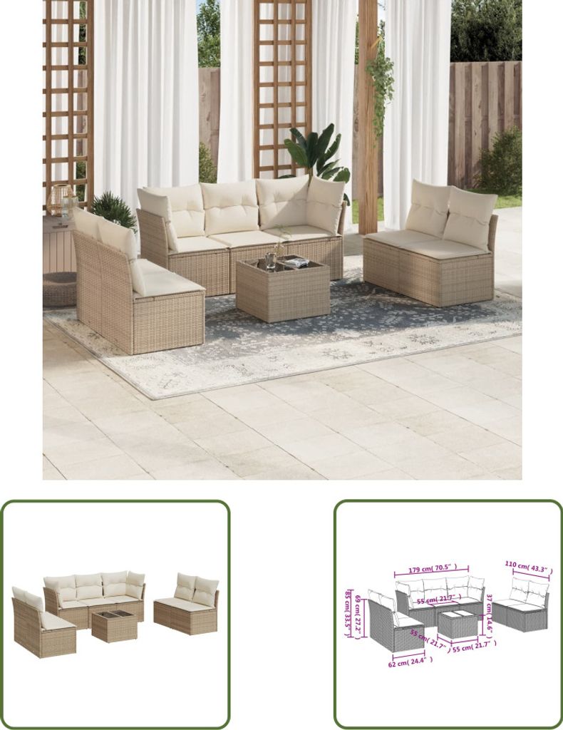 The Living Store 8-tlg. Garten-Sofagarnitur mit Kissen Beige Poly Rattan