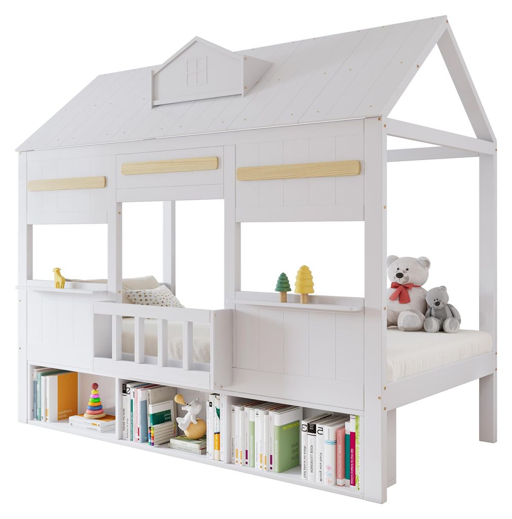 Hausbett mit Bücherregal, Dach, Lattenrost, Rausfallschutz, Produktbild 