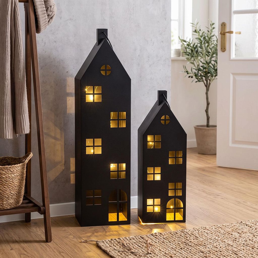2er Set Laterne Haus 65-95cm Metall Schwarz Deko Windlicht