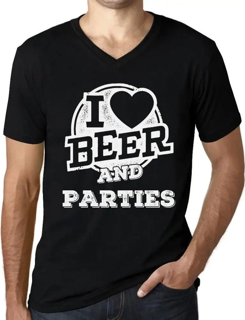 Herren Grafik T-Shirt V-Ausschnitt Ich liebe Bier und Partys – I Love Beer And Parties – Öko-Verantwortlich Vintage Jahrgang Kurzarm Lustige D...