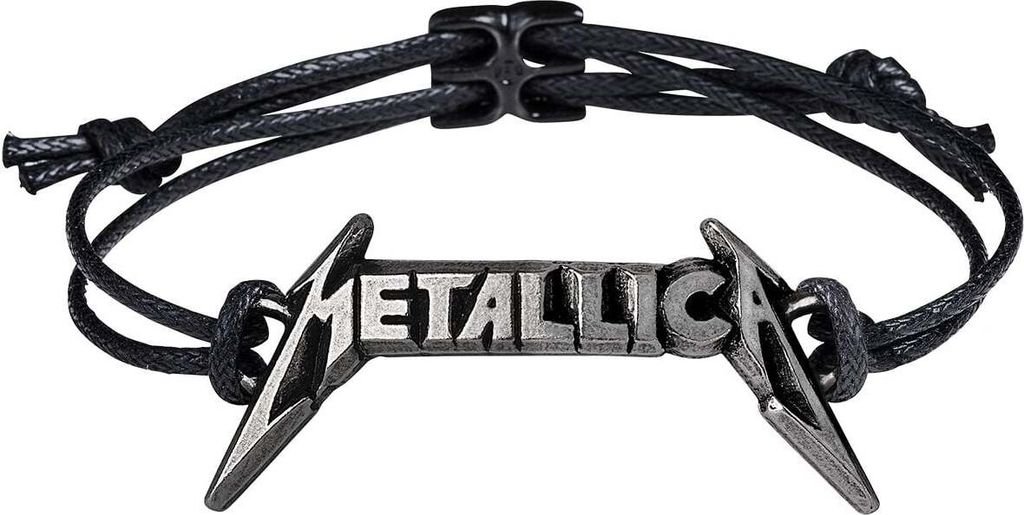 A black cord bracelet with a Metallica logo charm.