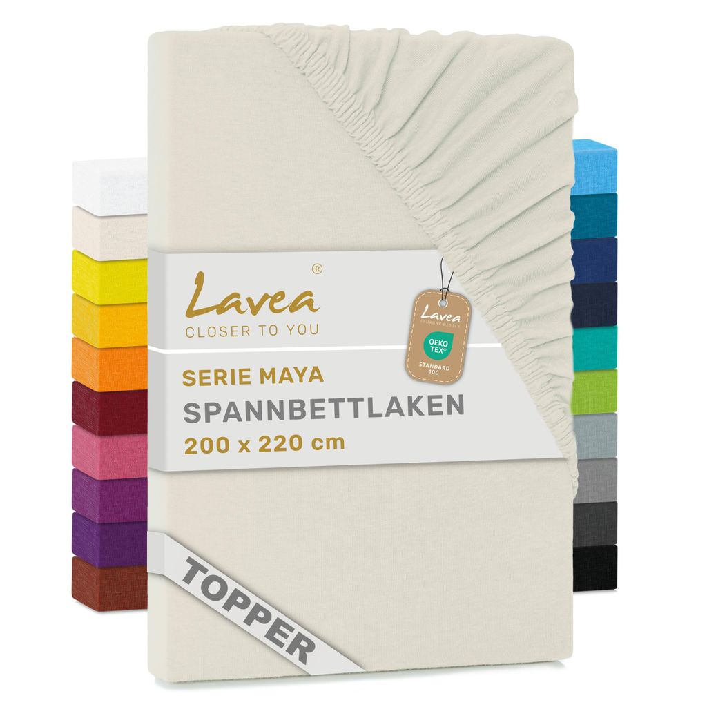 Lavea Topper Spannbettlaken 200x220 cm Maya Jersey, Bettlaken 100% Baumwolle, Bettbezug Matratzen bis 10 cm, Spannbettücher, Creme Naturweiß