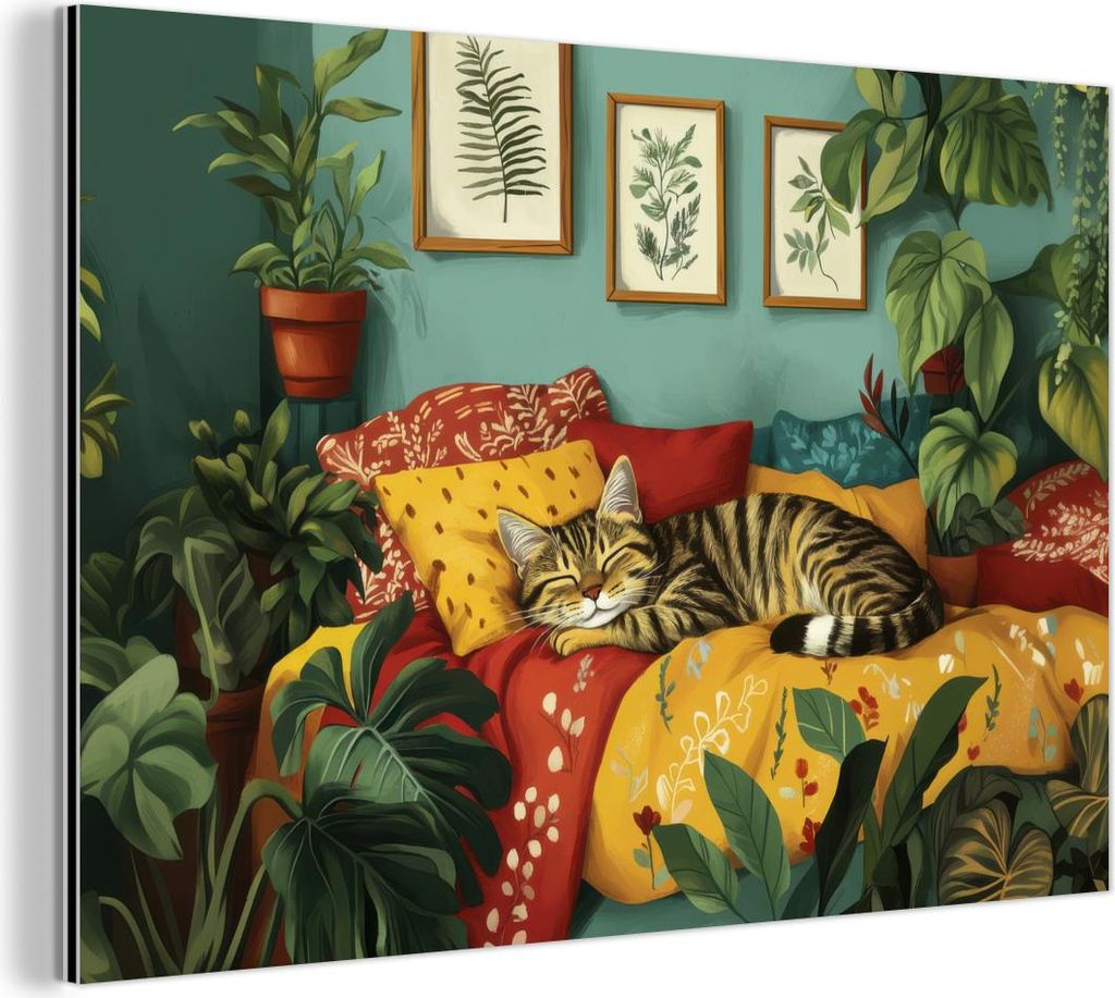 MuchoWow Wanddekoration Metall Metallbild Wandkunst 150x100 cm Katze - Pflanzen - Grün MuchoWow Aluminium Gemälde - Alu Dibond Bild
