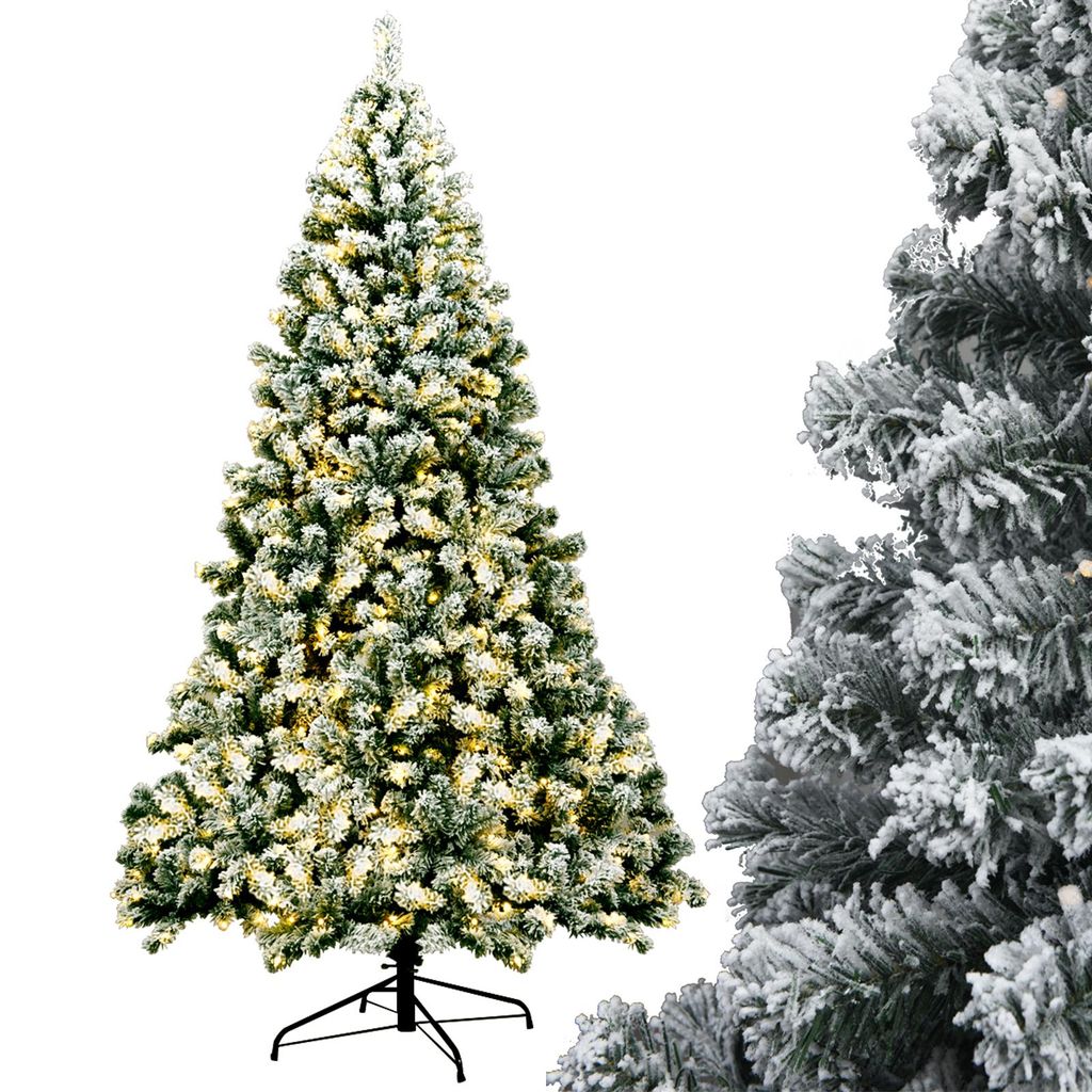 A flocked artificial Christmas tree with warm white LED lights and a metal stand, presented against a white background.