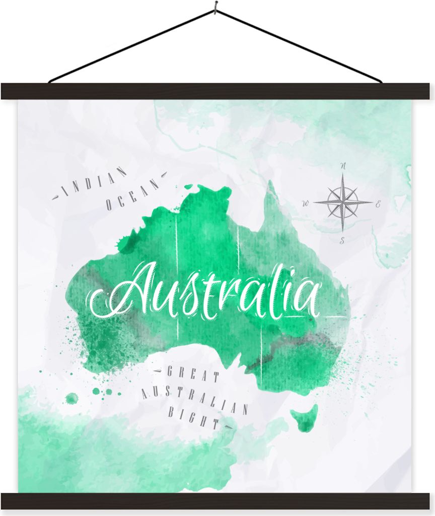 MuchoWow Textilposter Australien - Weltkarte - Aquarell 120x120 cm mit schwarzem Rahmen - Aufhängungsset
