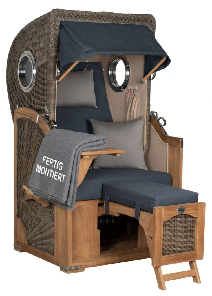 Strandkorb Düne Single Teak PE Grey 1-Sitzer Volllieger mit Bullaugen wetterfest und robust