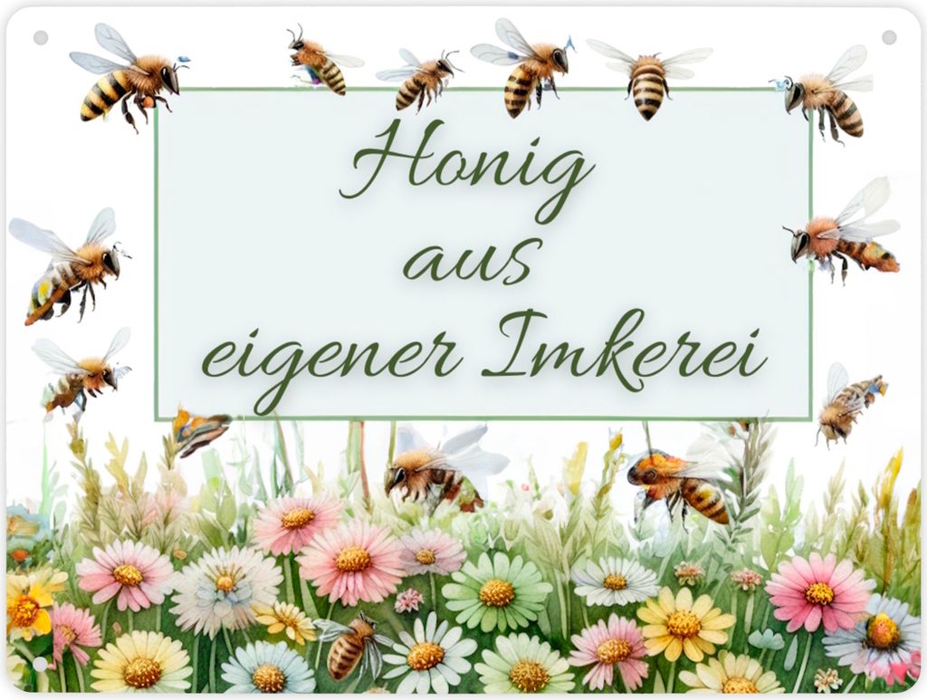 Bienenwiese Metallschild XL in 21x28 cm mit Spruch Honig aus eigener Imkerei