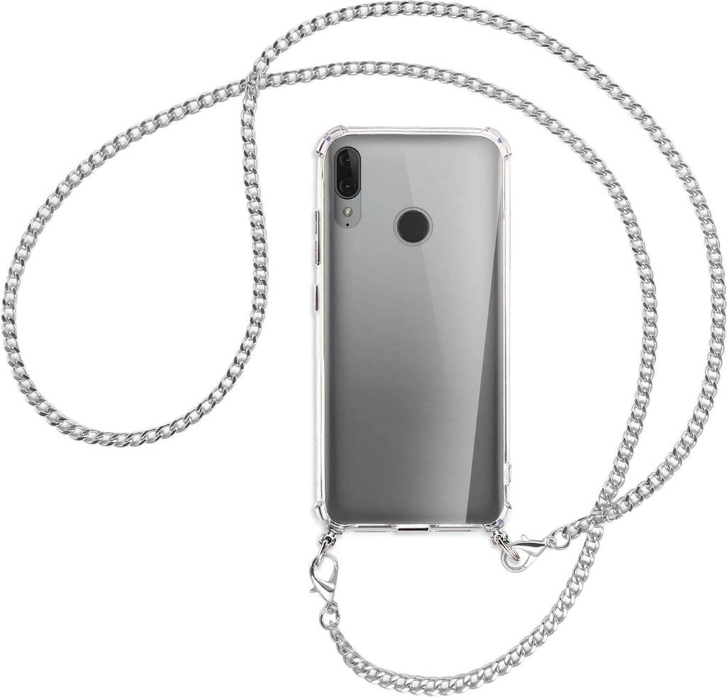 Handykette Backcover-Schutzhülle mit Band (Metall silberfarben) für Motorola Moto E6 Plus - silberfarbene Kette