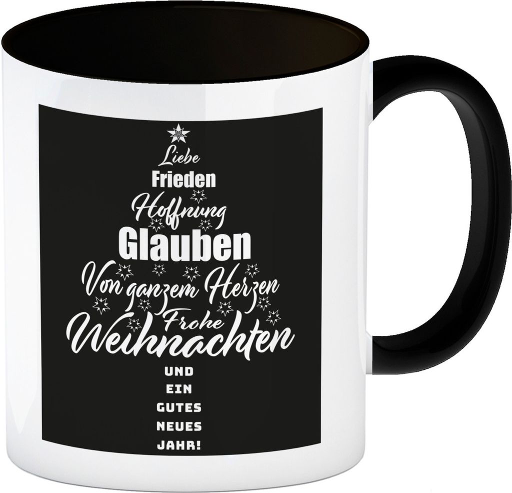 Frohe Weihnachten Kaffeebecher in schwarz mit Spruch Frohe Weihnachten und