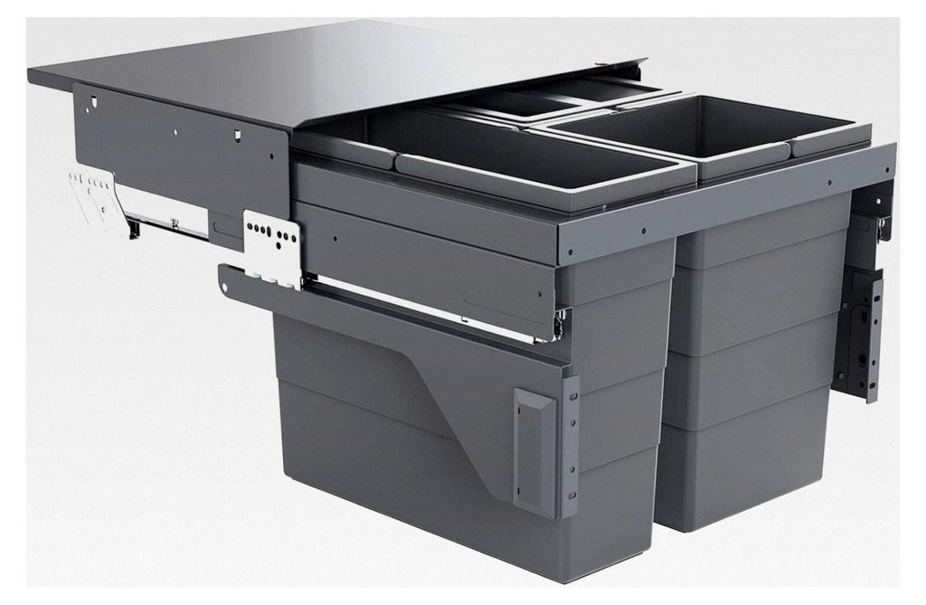 Abfallsammler für 50 cm Schrank mit Möbelfront | 3-fach Trennung 43 Liter | Mülleimer Auszugsystem | Dunkelgrau