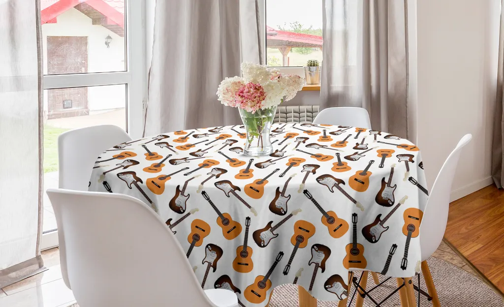 ABAKUHAUS Tovaglia rotonda con chitarre, strumenti realistici, tovaglia circolare per decorare la sala da pranzo e la cucina, 150 cm, arancione chiaro, marrone e bianco