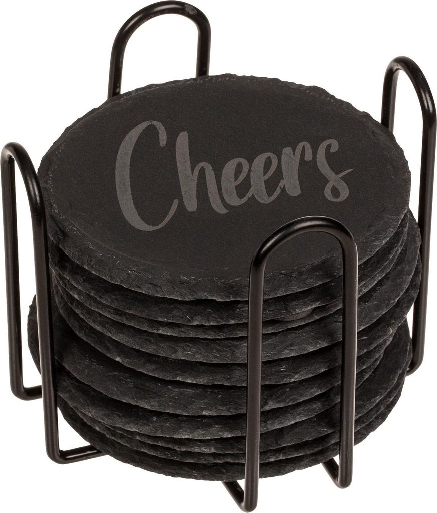 Schiefer-Untersetzer mit Laserdruck »Cheers« 12er Set mit Metallaufsteller