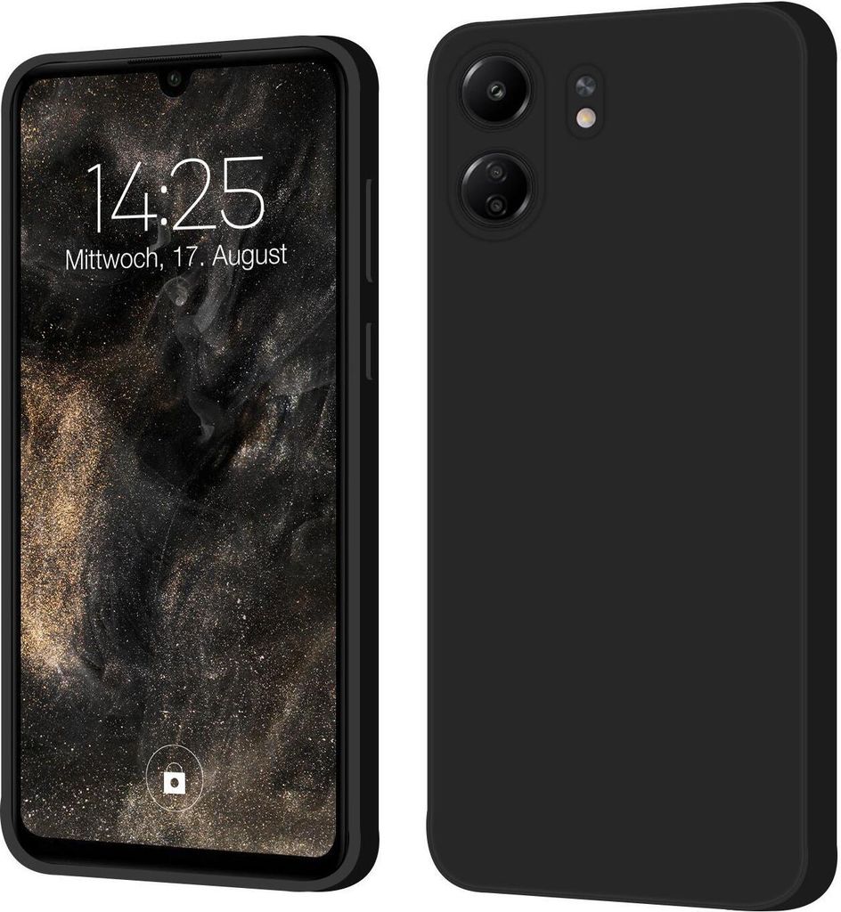 A black smartphone case is shown from the back and front.