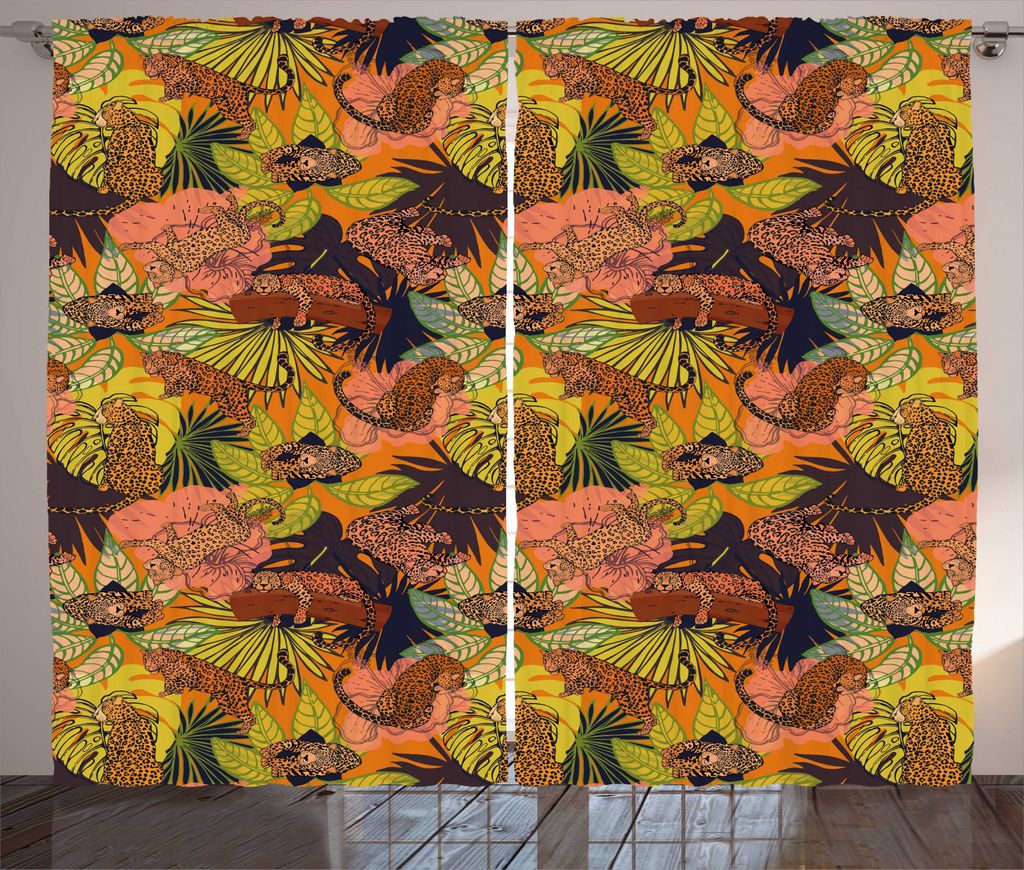 ABAKUHAUS Dschungel Rustikaler Vorhang, Exotische Pflanzen und Leopards, Wohnzimmer Universalband Gardinen mit Schlaufen und Haken, 280 x 225 cm, M...