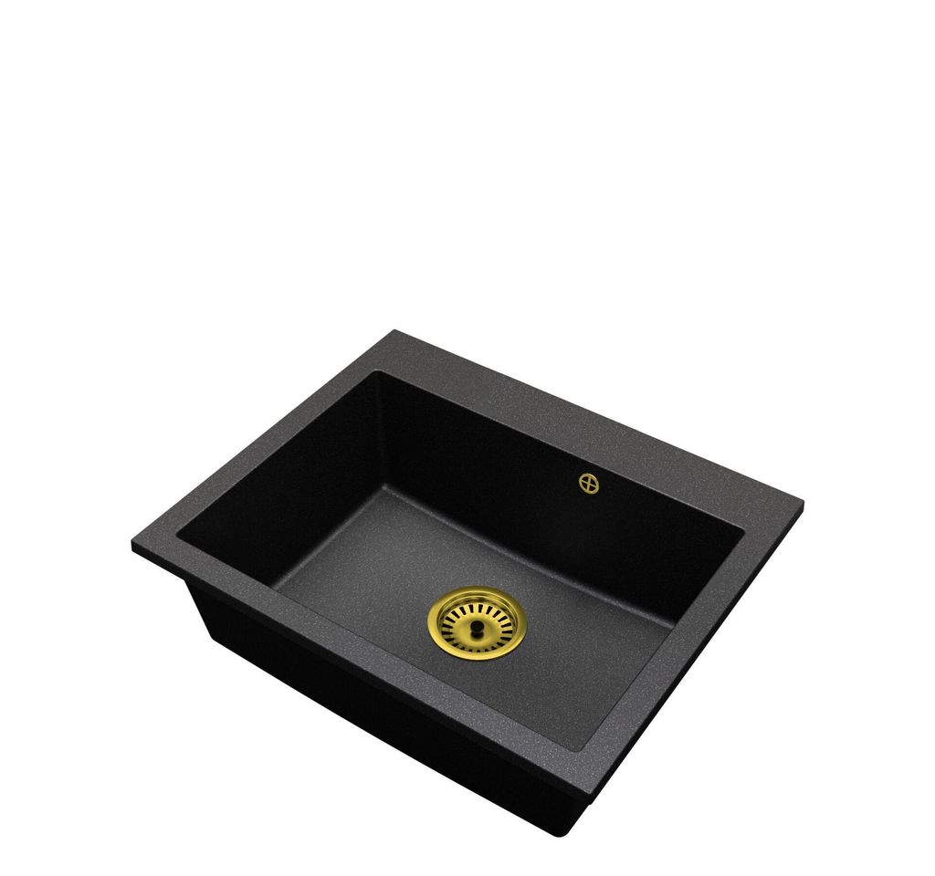 Granitspüle Einbeckig Elite 60 – Schwarz Gesprenkelt – Mit Goldenem Siphon