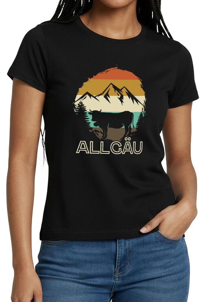 Spreadshirt Allgäu Vintage Berge Und Kuh Retro Frauen T-Shirt, XXL, Schwarz