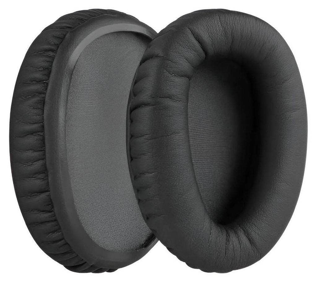 Two black ear pads for headphones are shown against a light gray background.