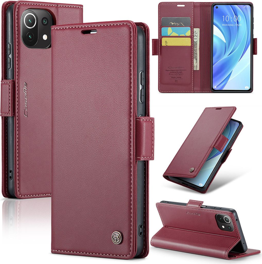 Xiaomi 11 Lite Hülle, Leder Brieftasche Kartenfach Schutzhülle mit Standfunktion für Xiaomi 11 Lite 5G NE / Mi 11 Lite Rot