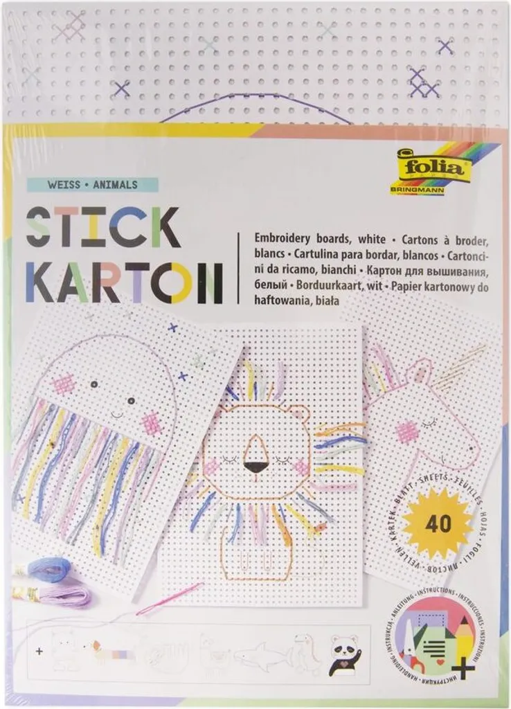 Folia Stickkarton Animals Blanc 175x245mm - Carton à Broder Pré-imprimé