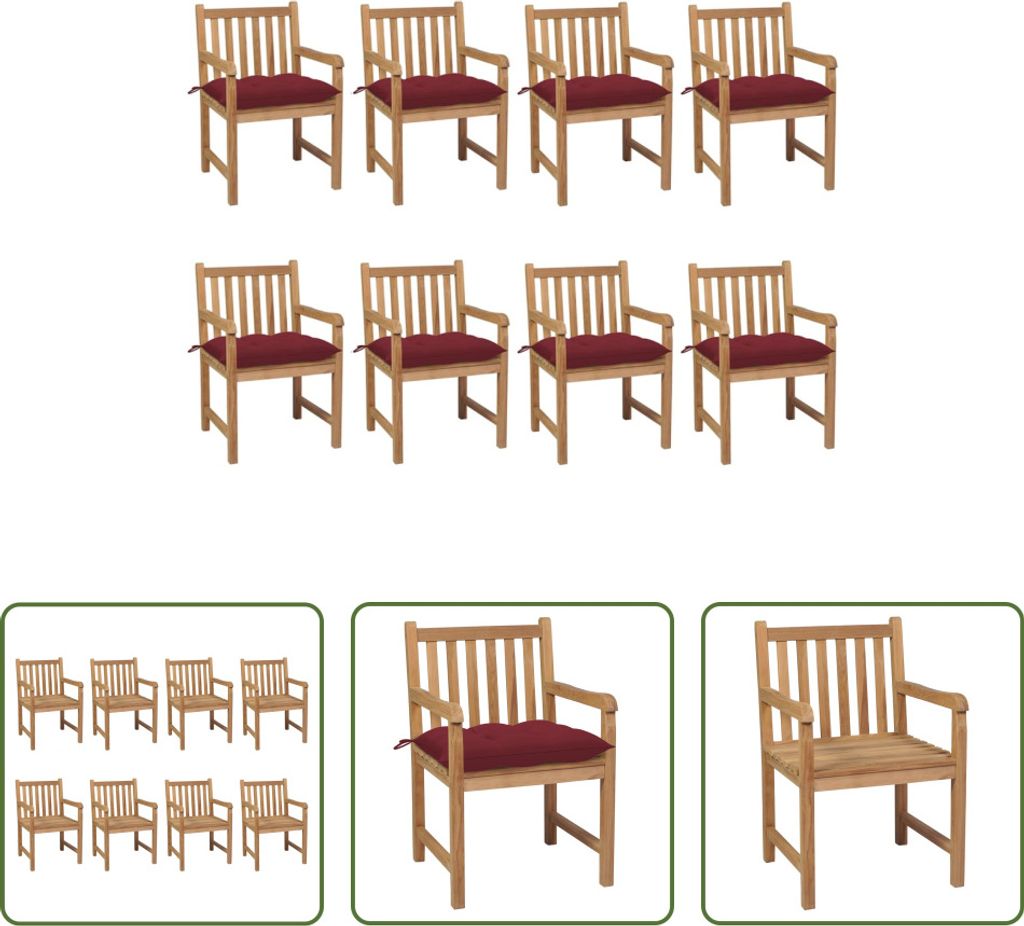 The Living Store Gartenstühle 8 Stk. mit Weinroten Kissen Massivholz Teak
