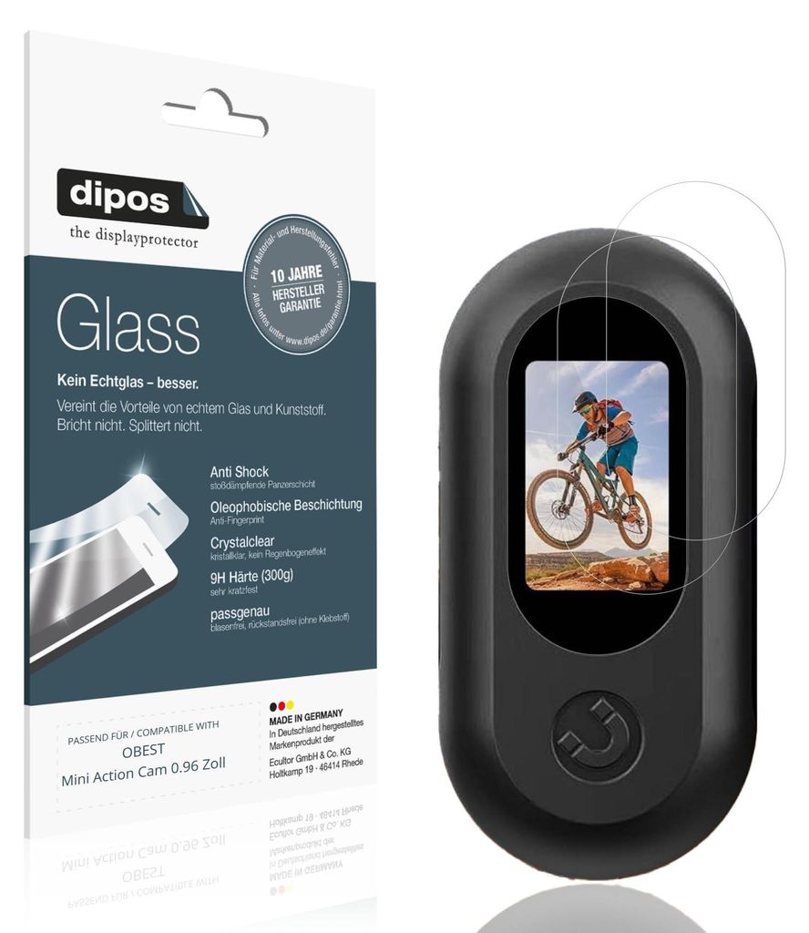 2x Schutzfolie für OBEST Mini Action Cam 0.96 Zoll - Anti-Shock 9H Folie dipos Glass Kunststoffglas