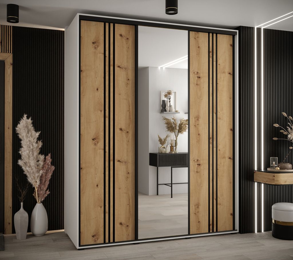 Kleiderschrank ASIRI 7 - 200/45 cm, weiß / Eiche handwerklich / schwarz