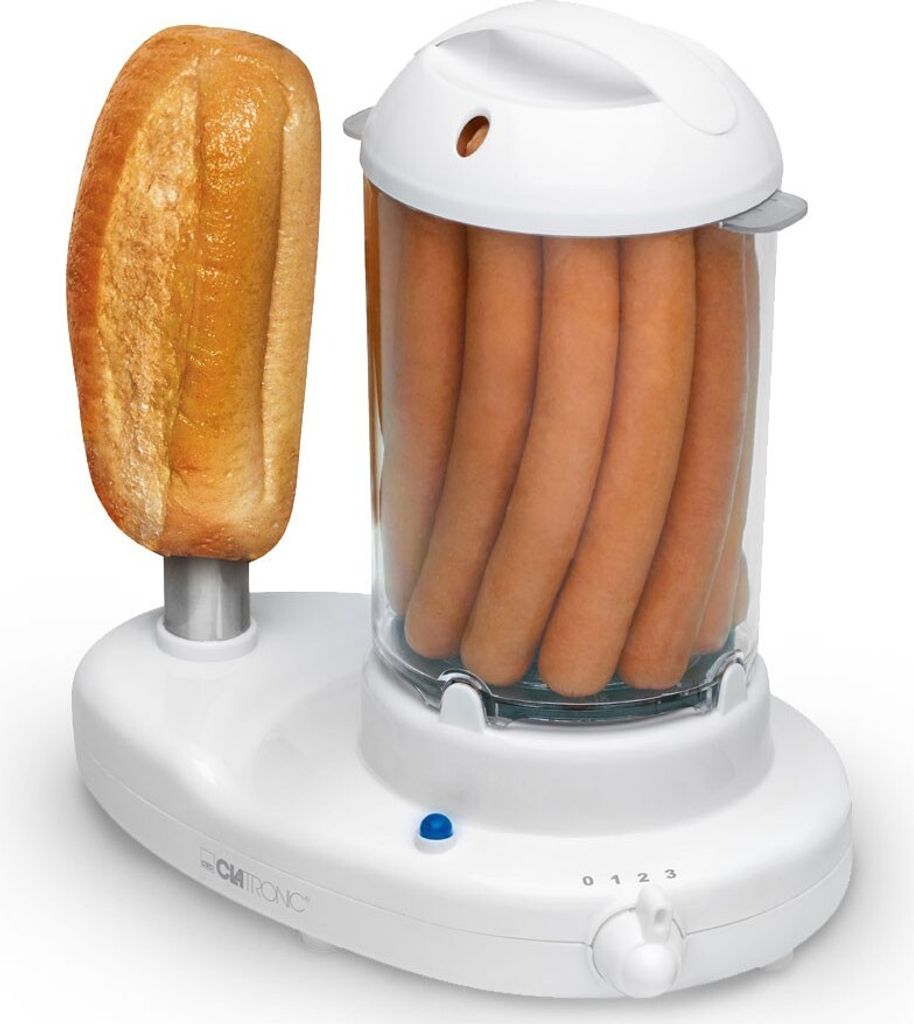 A white hot dog maker with sausages inside a clear container and a bun on a spike.