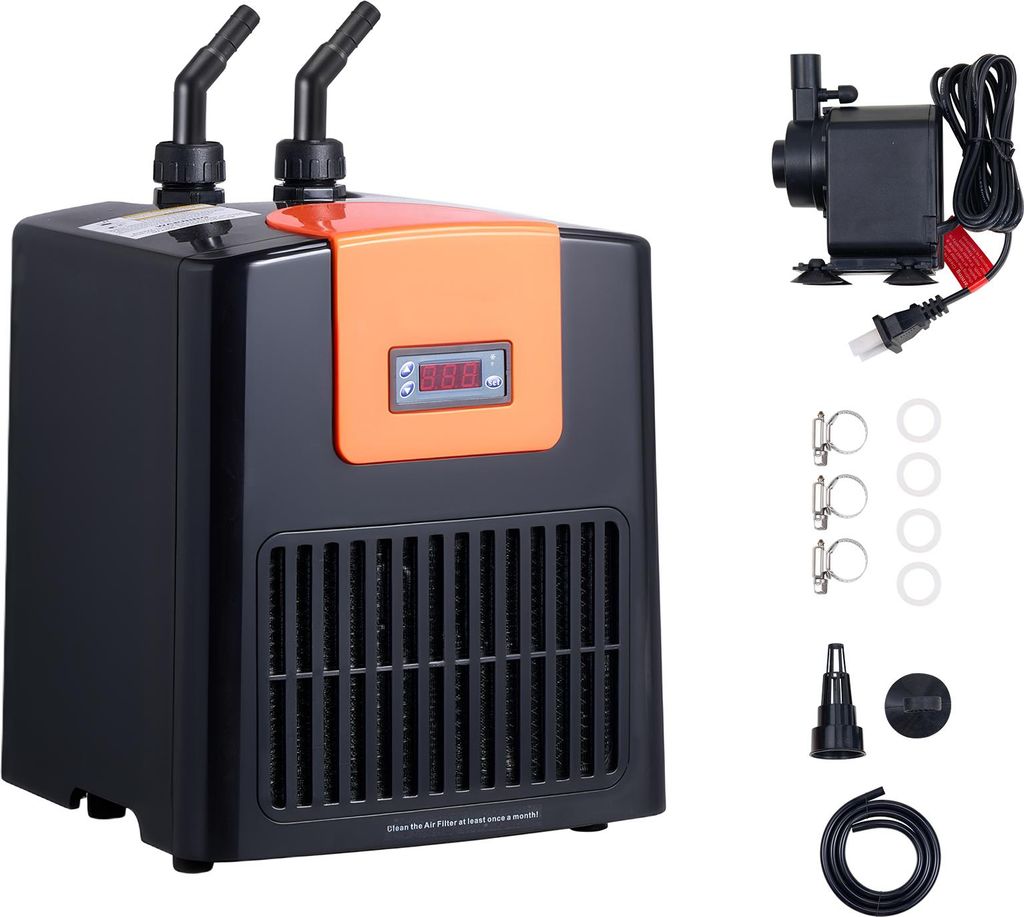 A black and orange aquarium chiller with a digital display and accessories, including a water pump, hoses, and clamps, arranged on a white background.