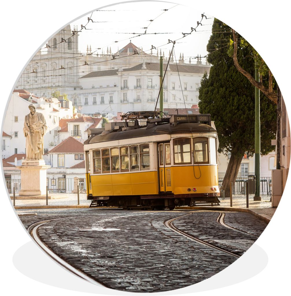 MuchoWow Rundes Wandbild - Runde Bilder Lissabon - Straßenbahn - Statue Ø 90 cm Kreis Wanddekoration Kunststoff - Wandkreis - Wandschmuck - Wan...