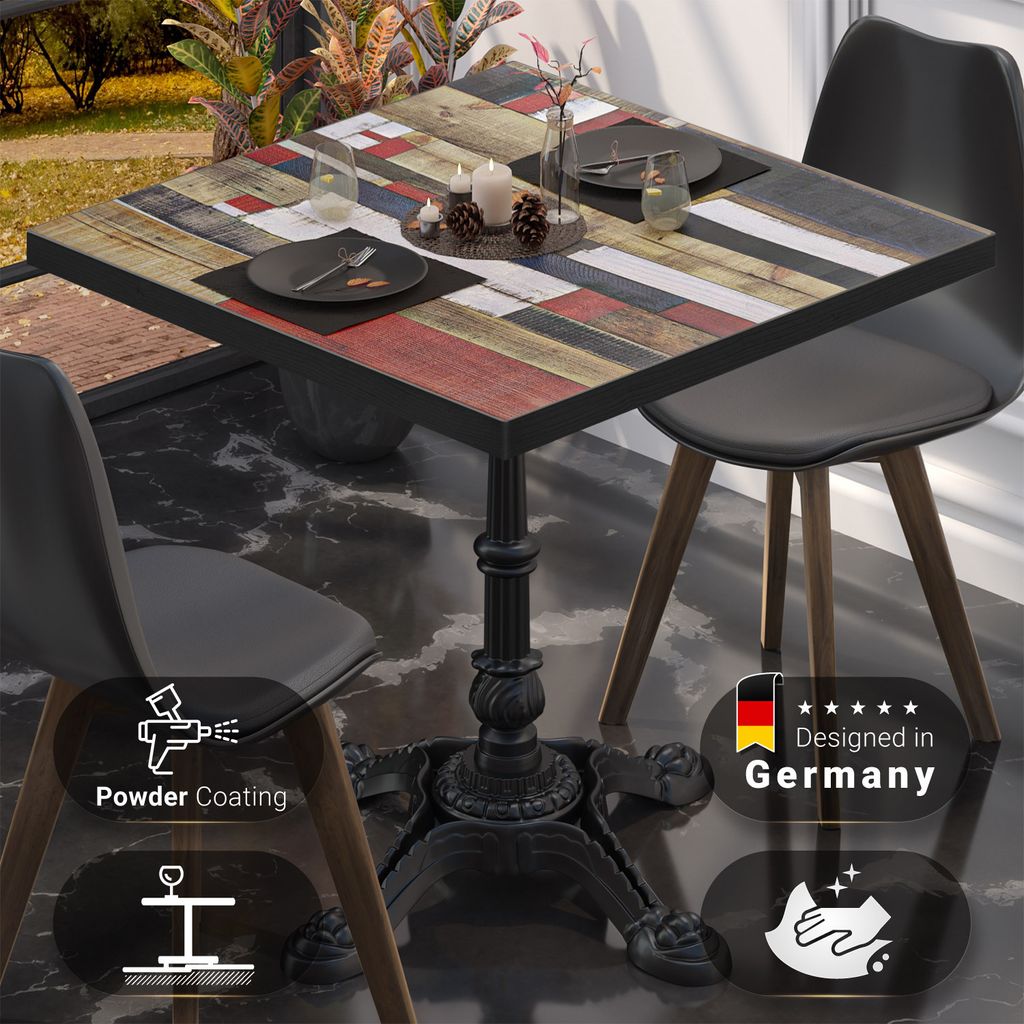 BPR | Bistro Tisch | 60 x 60 x 74,5 cm | Quadratisch | Schwarzer Rand | Vintage Bunt / Schwarz | Bistrotisch Gastro Tisch