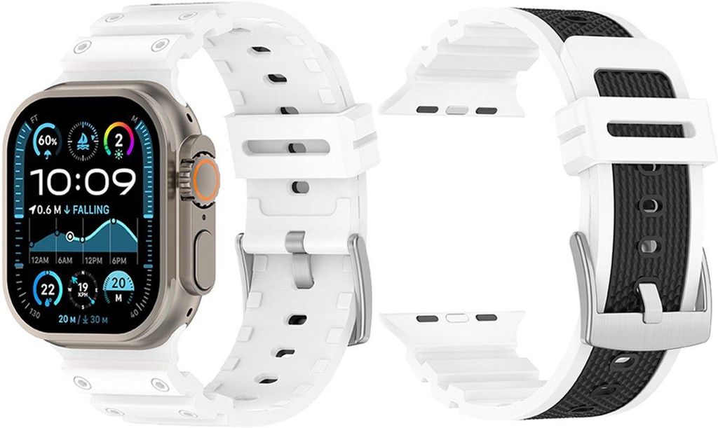 Stravo Silikon-Uhrenarmband im mechanischen Look – Für Apple Watch 42/44/45/46/49 mm (Serie 1–11 & Ultra) – Zweifarbiges Design – Weiß/Sc...