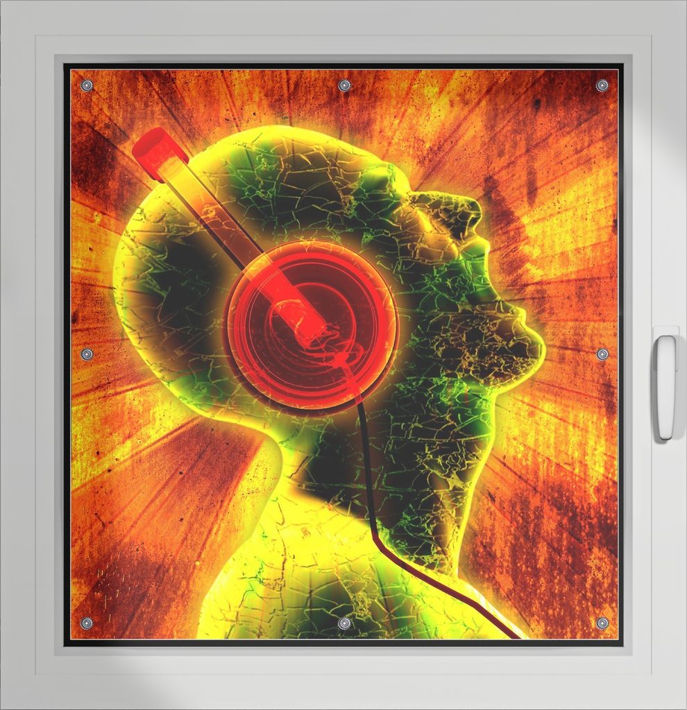 Wallario Lichtschutzbild, Dekorativer Sichtschutz Sonnenschutz 96 x 100 cm mit Motiv: Musik mit Kopfhörern - Verdunklung ohne Bohren