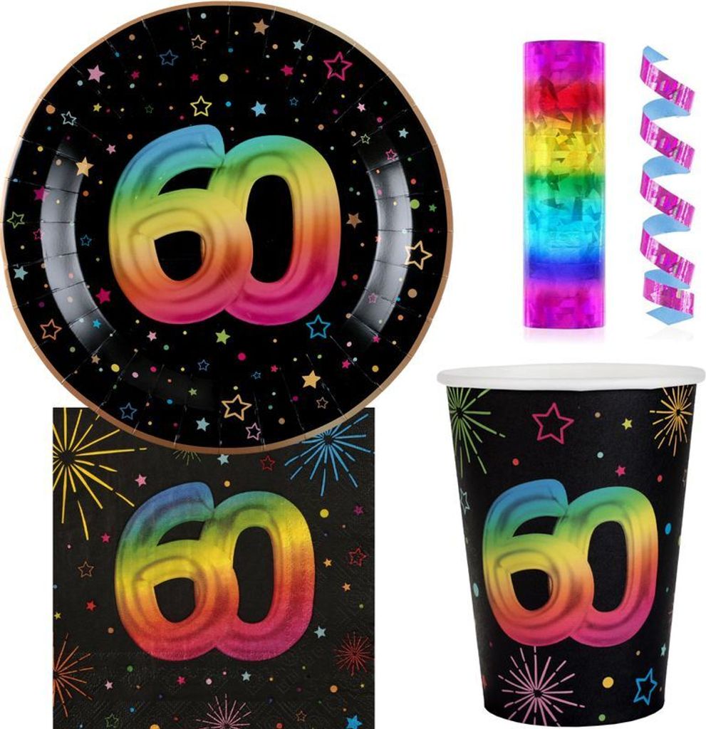 60. Geburtstag Einweggeschirr bunt Partyset Party Geschirr Pappteller Pappbecher Servietten