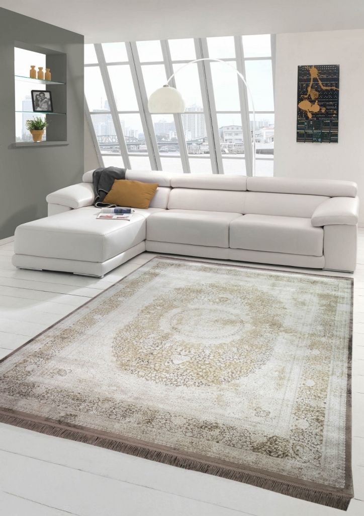 Wollteppich Teppich Wohnzimmer Orientteppich mit Ornamenten aus Naturfasern in beige Größe - 160 x 230 cm